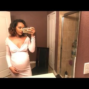 Long shimmery light pink dress.